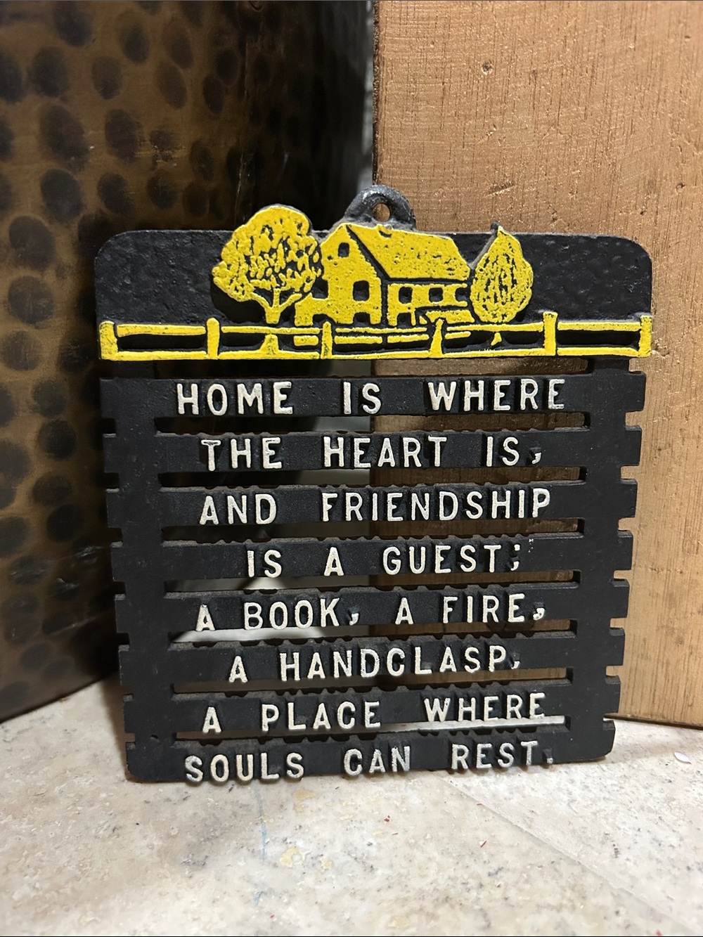 SOLD- Vintage Cast Iron Metal Trivet- Home Is Where The Heart Is